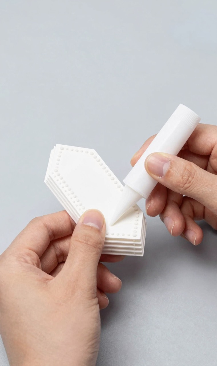 Hands assembling flat fuse bead panels into a 3D figure with glue
