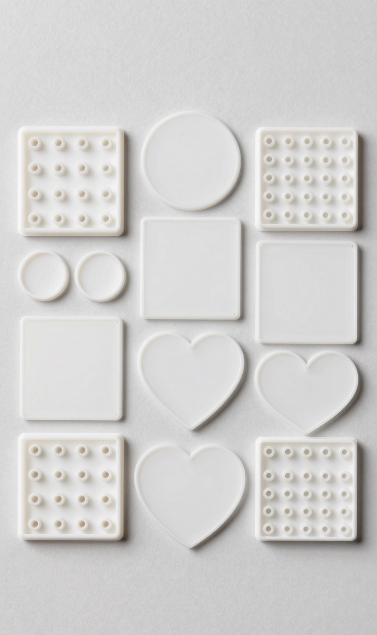 Assorted empty pegboards in square, circle, heart, and hexagon shapes