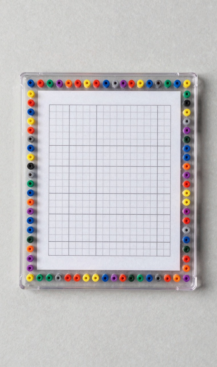 A transparent pegboard with colorful beads over a printed grid