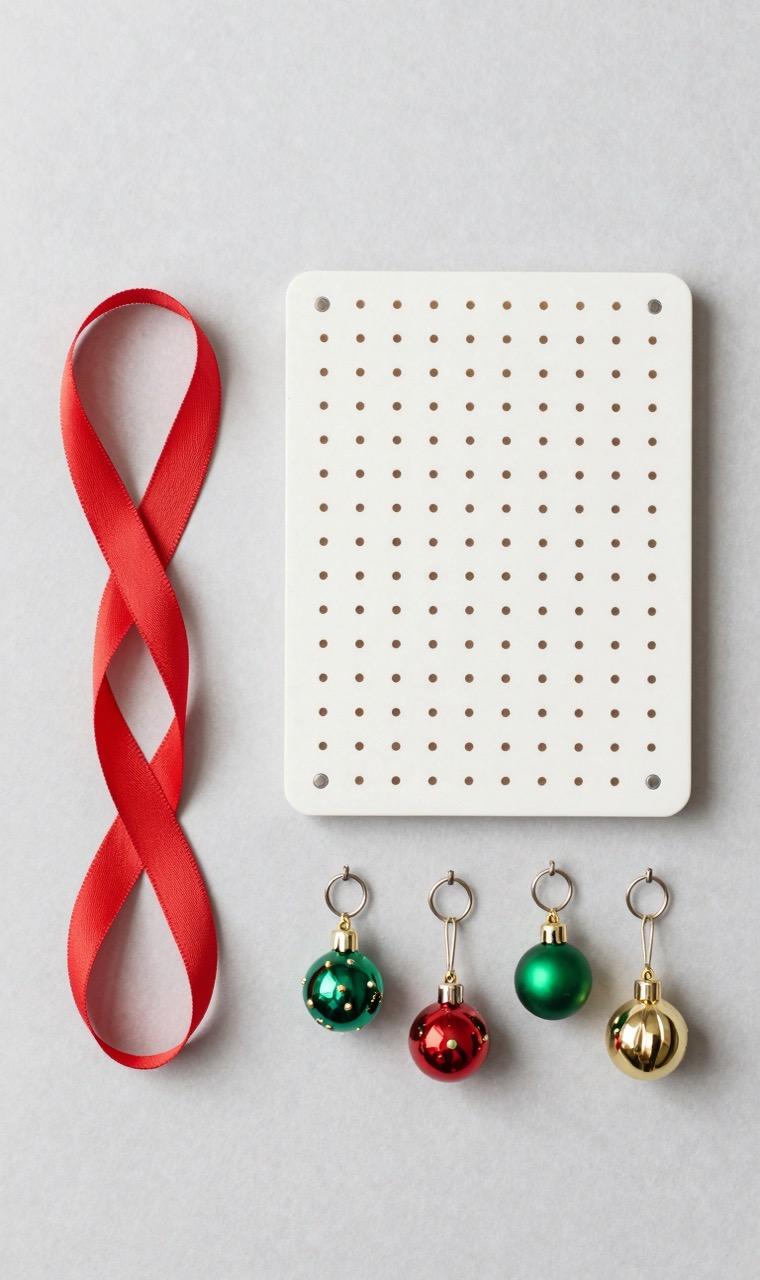 Holiday beads, ribbon, pegboard, and hooks laid out