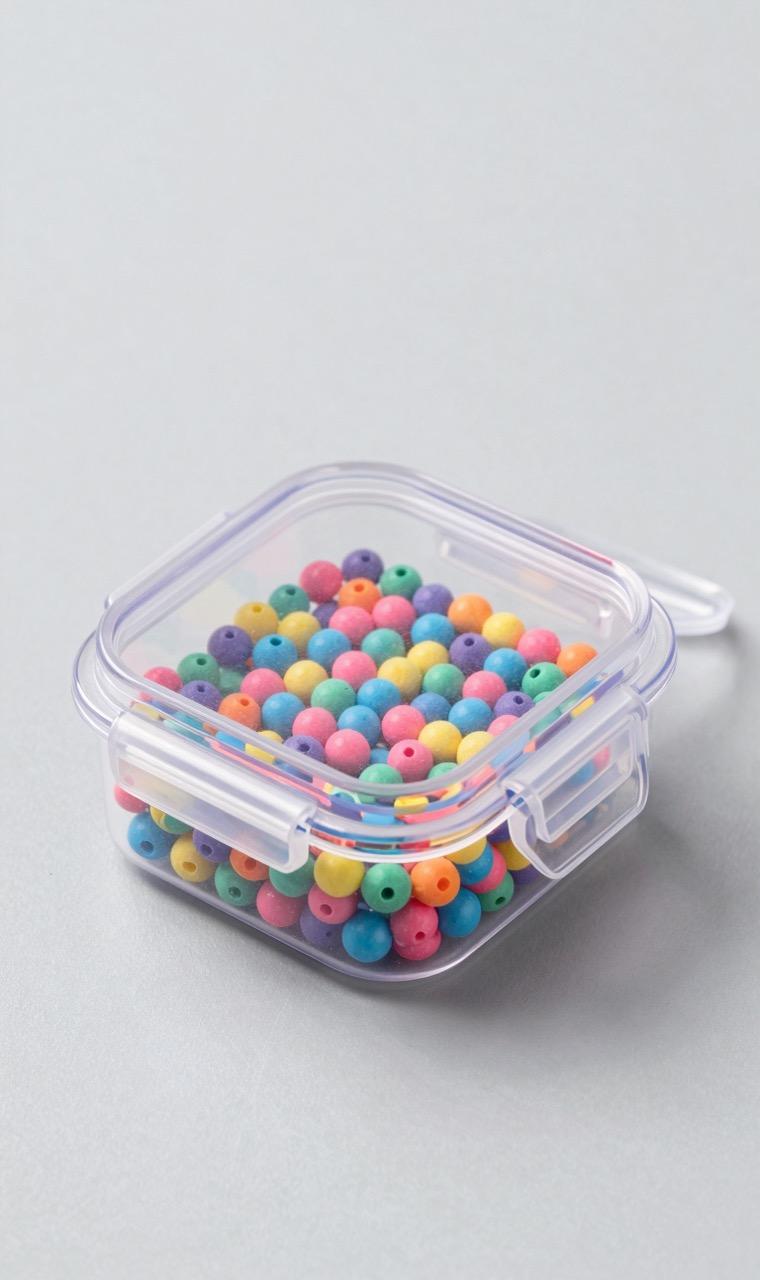 Small beads stored in a latched clear container