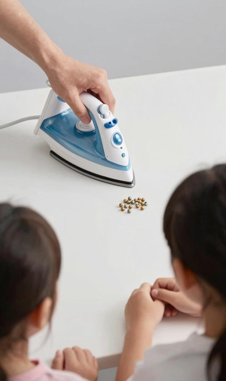 An adult ironing beads while a child watches at a distance