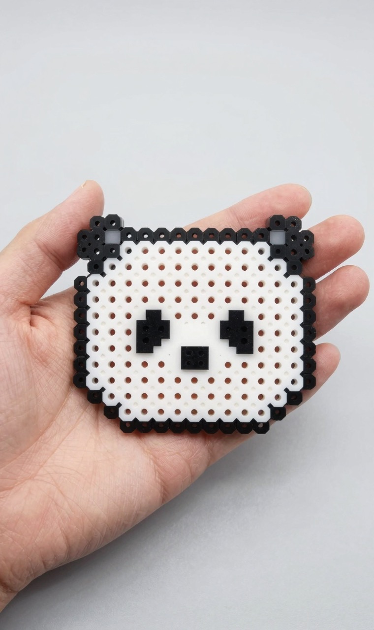 A hand holding a finished fused fuse bead piece showing open center holes