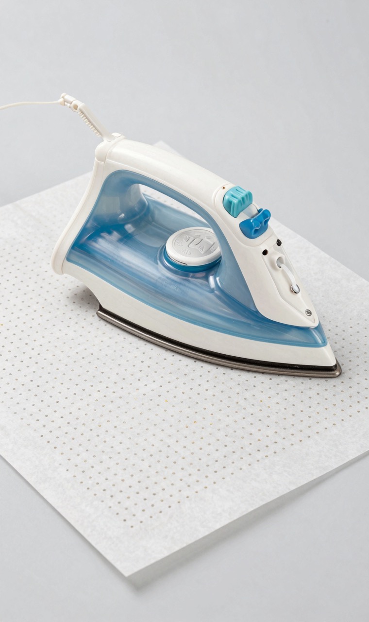 An iron pressing ironing paper over fuse beads with circular motions