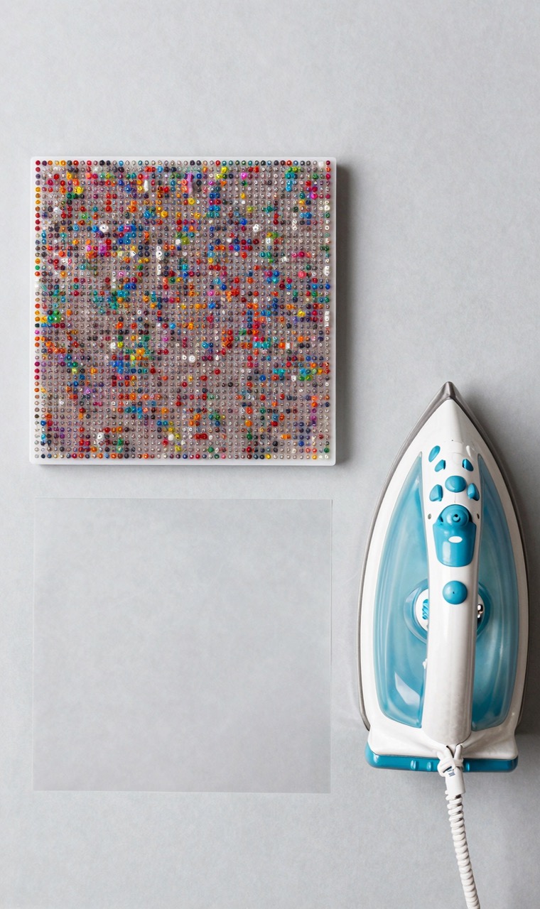 Fuse bead ironing supplies: pegboard with beads, ironing paper, and an iron