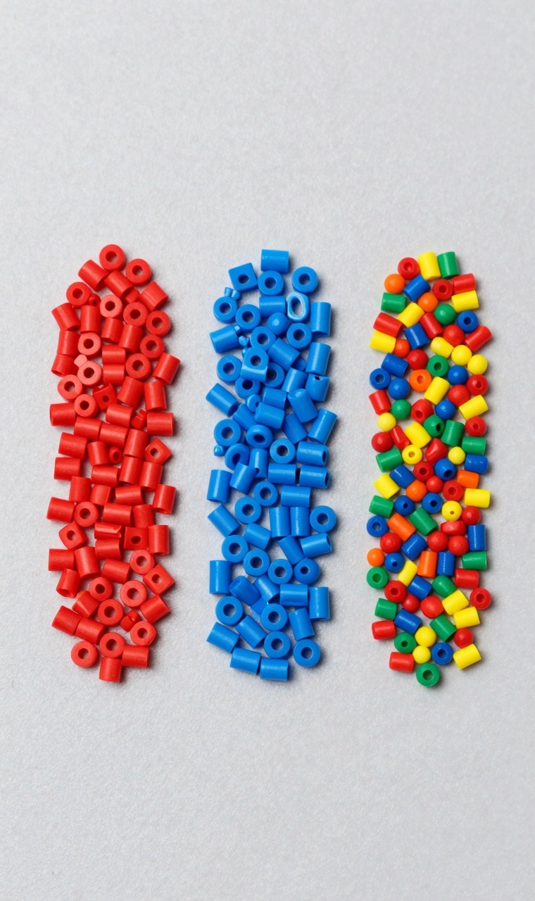 Three piles of colorful cylindrical fuse beads compared side by side