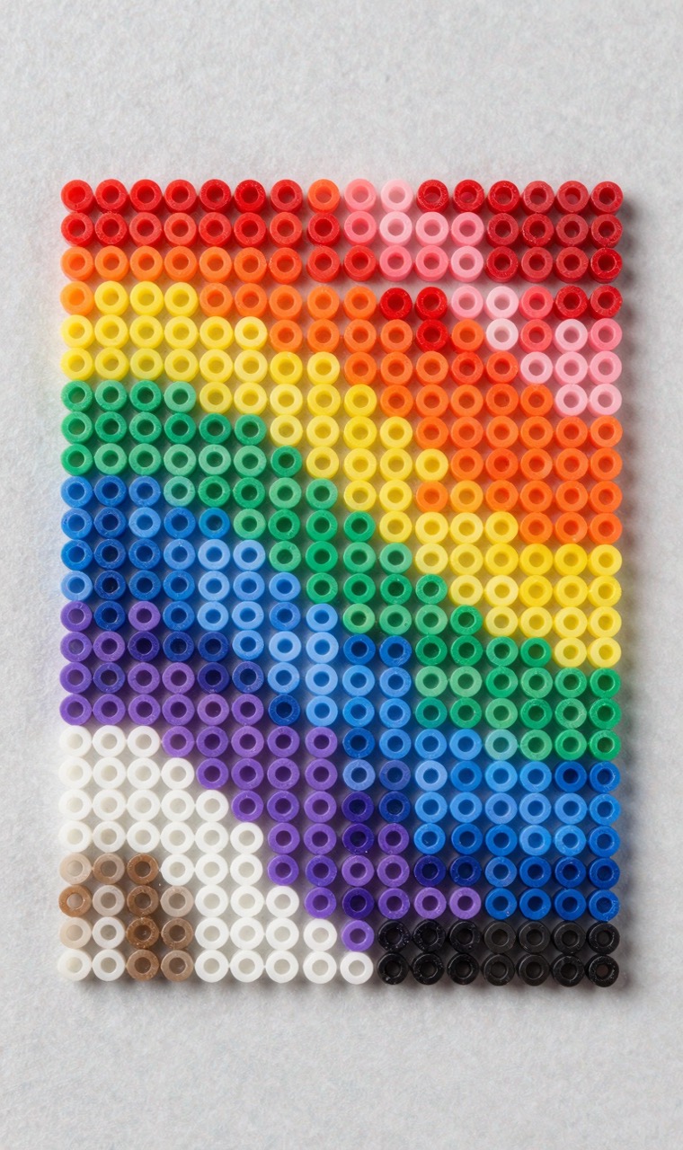 Fuse beads arranged in a rainbow color gradient swatch