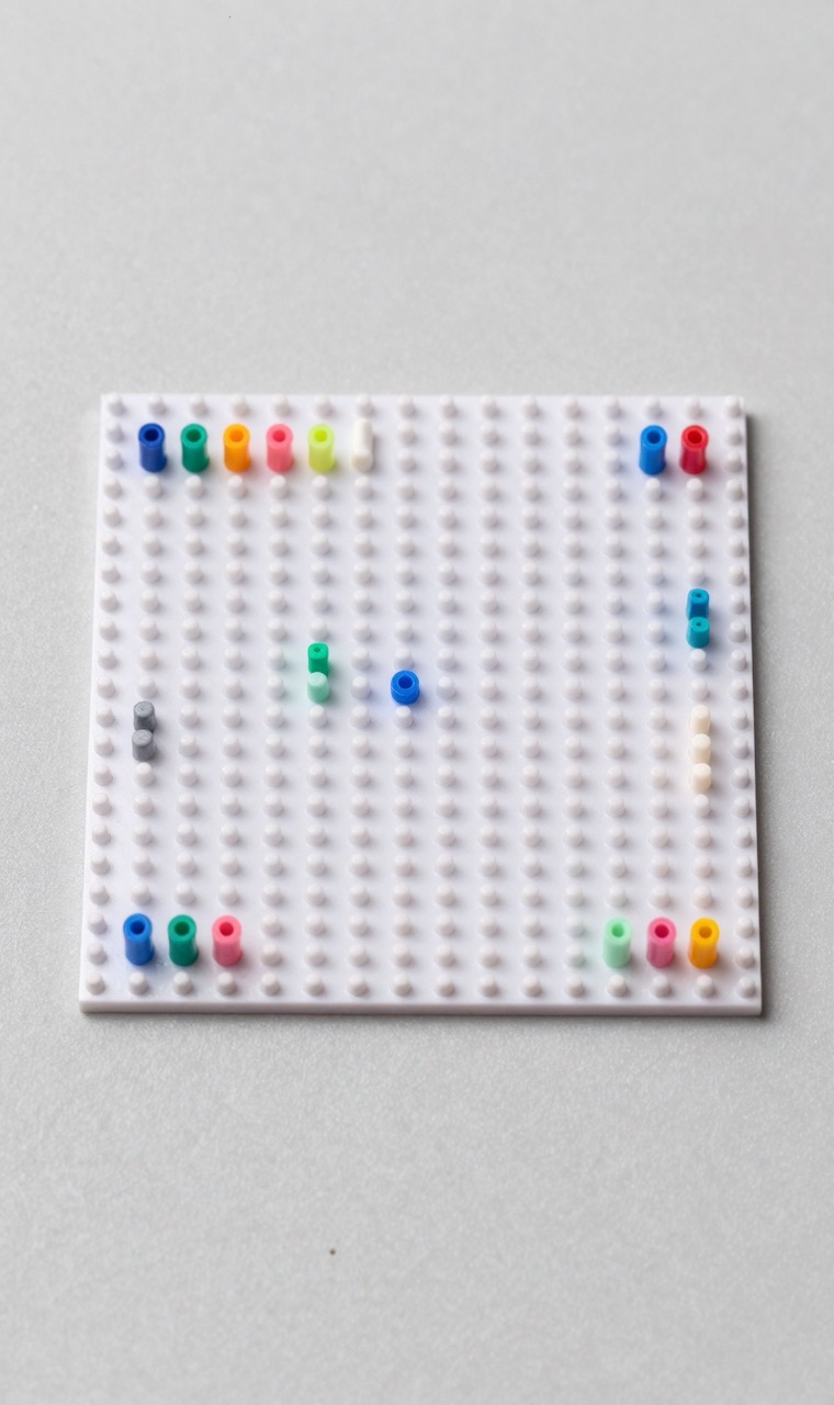Colorful fuse beads placed on a square pegboard grid