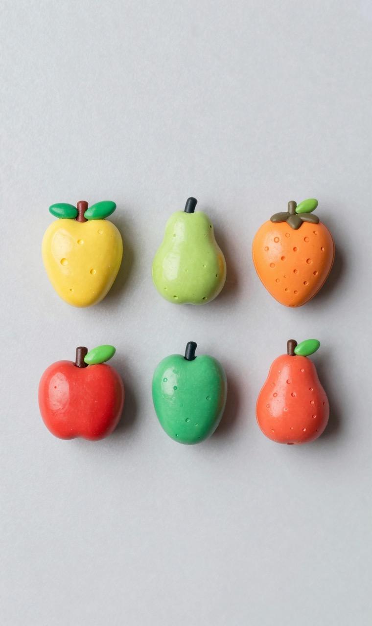 A themed set of six fruit-shaped bead magnets