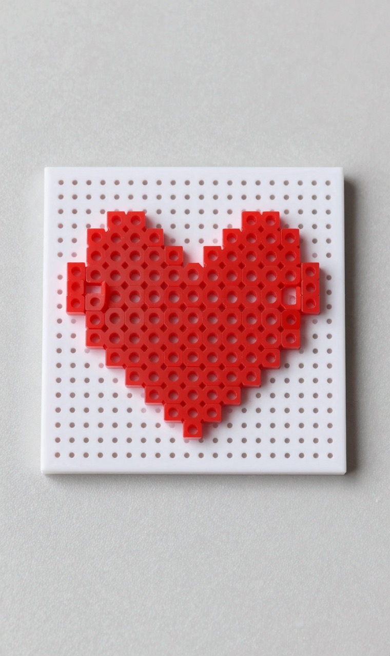 A simple red pixel heart fuse bead design on a small pegboard