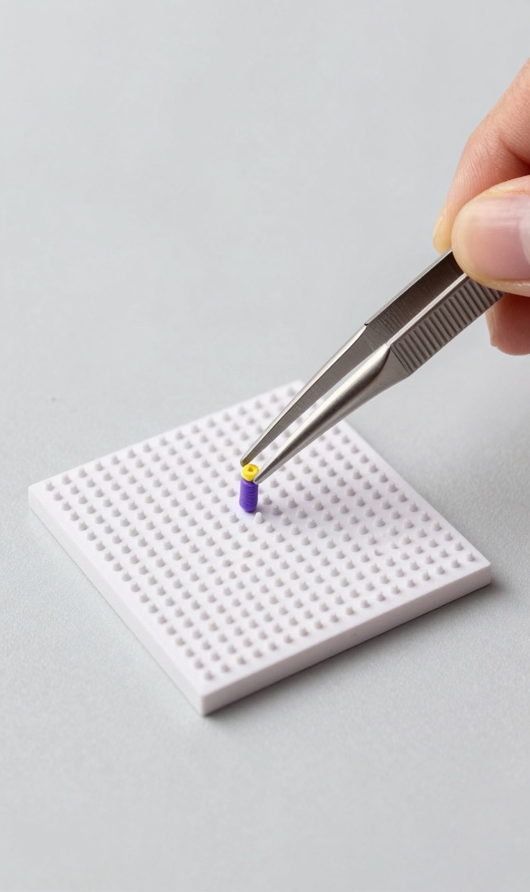 A hand using tweezers to place a fuse bead on a pegboard