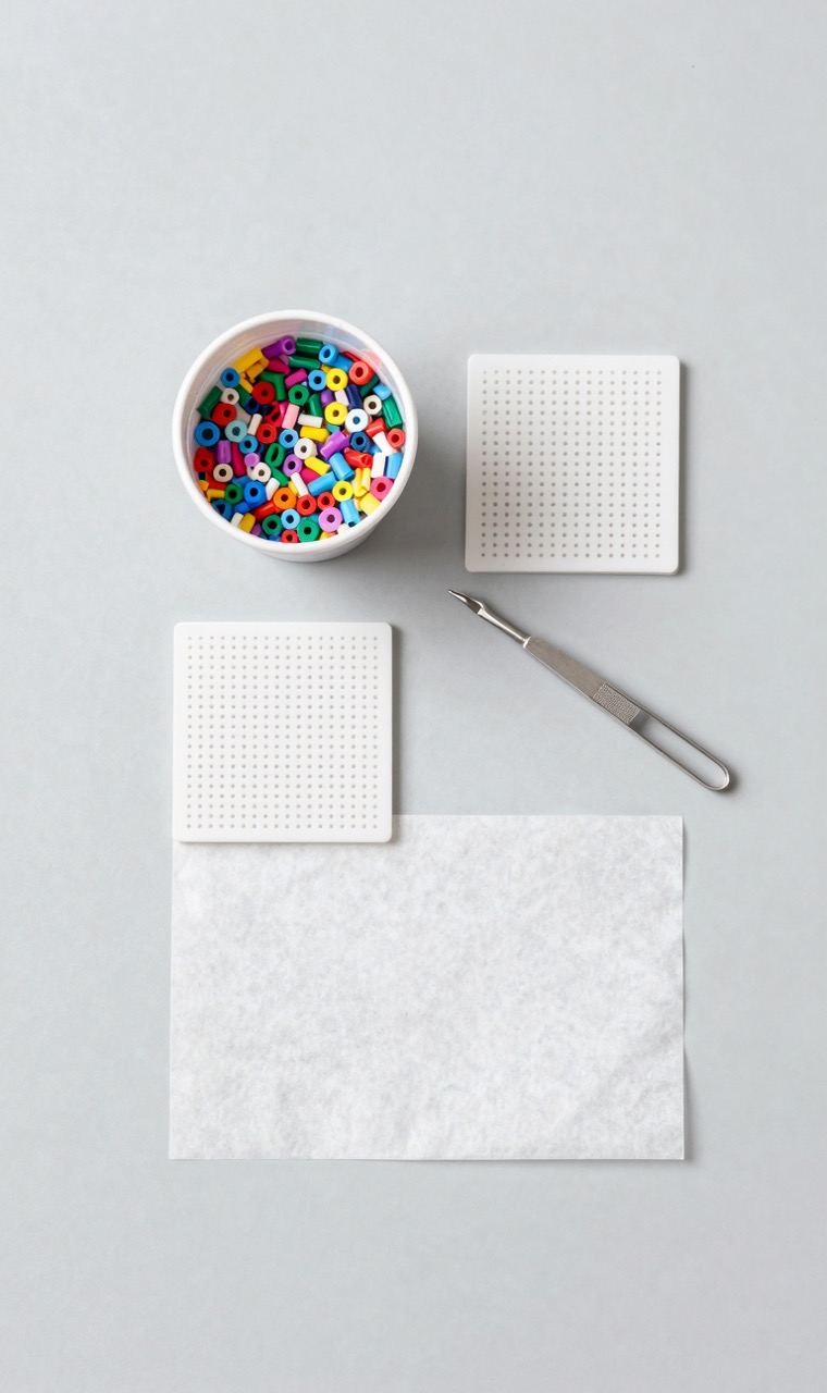 A fuse bead beginner starter kit with beads, pegboards, and tweezers